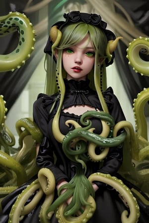 Abhoth, slime girl, 1 girl, detailed face and eyes, green hair, (((very long green hair))), green tentacles, (((green tentacles))), black dress, (((black lolita dress))), visual novel cg, in a dungeon background, epic fantasty art, source of miscreation, mud mass, chimera, infernal art in good quality, shadowverse style, source of abomination, simple-minded, ultimate mistake, isekai manga panel