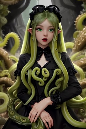 Abhoth, slime girl, 1 girl, detailed face and eyes, green hair, (((very long green hair))), green tentacles, (((green tentacles))), black dress, (((black lolita dress))), visual novel cg, in a dungeon background, epic fantasty art, source of miscreation, mud mass, chimera, infernal art in good quality, shadowverse style, source of abomination, simple-minded, ultimate mistake, isekai manga panel