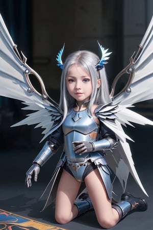 Albion, dragon girl, child, (((child))), 1 girl, detailed face and eyes, very long silver hair, metal horns, blue eyes, wings, (((metal wings))), very sexy silver and blue armour, metal gloves, metal shoes, metal tail, visual novel cg, in a warfield background, epic fantasty art, queen of machine, dragon child, infernal art in good quality, shadowverse style, ruler of androids, cyberpunk, futuristic machine, isekai manga panel