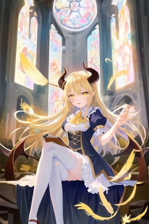 Belphegor, 1 demon girl, ((( demon child))), detailed face and eyes, very long golden hair, pale golden eyes, cow horns, mole tail, feathers wings, (((yellow feathers wings))), yellow lolita dress, white stockings, sitting, visual novel cg, in a ruined church background, epic fantasty art, cerberus, infernal art in good quality, shadowverse style, ruler of inferno, gehenna, giesha demon, isekai manga panel