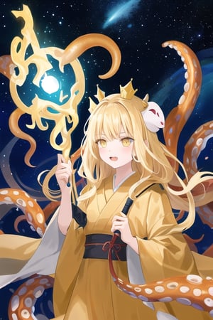 Hastur, octopus girl, 1girl , yellow robe like very long yellow hair, starry eyes, yellow robe, black lolita dress, yellow tentacles, black tentacles, face mask on hand, visual novel cg, in a starry sky background, epic fantasty art, lord of interstellar spaces, feaster from afar, infernal art in good quality, shadowverse style, king in yellow, isekai manga panel 