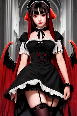 Lilim, dark angel girl, 1 girl, detailed face and eyes, black hair, (((very long black hair))), red bangs, (((very long red bangs))), blck bangs, (((very long black bangs))), black feathers wings, white stockings, black dress, (((very sexy black and red lolita dress))), visual novel cg, in a church background, epic fantasty art, princess of hell, carmilla vampire, succubus, infernal art in good quality, shadowverse style, ruler of inferno, brizo, giesha demon, isekai manga panel
