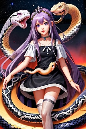 Ouroboros, snake girl, (((snake child))), 1 girl, detailed face and eyes,  very long purple ruriiro hair, starry eyes, black lolita dress, white stockings, purple tail, visual novel cg, in a chaos background, epic fantasty art, princess of time, infinite ouroboros, cycle, infernal art in good quality, shadowverse style, ruler of circulation, infinite, eternal cycle, isekai manga panel