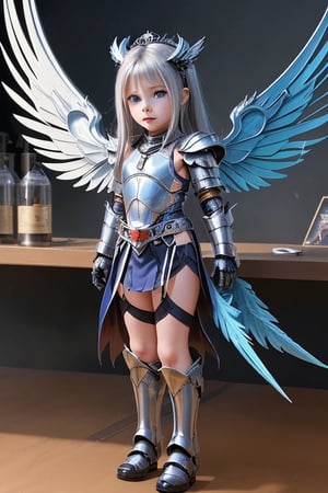 Albion, dragon girl, child, (((child))), 1 girl, detailed face and eyes, very long silver hair, metal horns, blue eyes, wings, (((metal wings))), very sexy silver and blue armour, metal gloves, metal shoes, metal tail, visual novel cg, in a warfield background, epic fantasty art, queen of machine, dragon child, infernal art in good quality, shadowverse style, ruler of androids, cyberpunk, futuristic machine, isekai manga panel