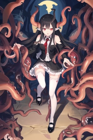 Nyarlathotep, 1 girl, detailed face and eyes, very long black hair, red eyes, black lolita dress, white stockings, black shoes, black tentacles, (((black tentacles))), visual novel cg, in a dungeon background, epic fantasty art, queen of chaos, outer god, cerberus, infernal art in good quality, shadowverse style, ruler of shadow, gehenna, evil god, isekai manga panel