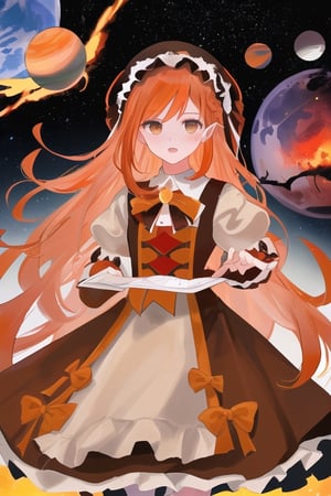 Ghroth, planet girl, 1 girl, detailed face and eyes, orange hair, (((very long orange hair))), grey eyes, white stockings, brown red dress, (((brown red lolita dress))), brown death planet with silver eyes on hands, visual novel cg, in a space background, epic fantasty art, maker of the Doom, Nemesis Star, Alcor, infernal art in good quality, shadowverse style, ruler of inferno, harbinger, big alarm, isekai manga panel