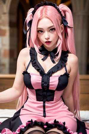 Asmodeus, demon girl, 1 girl, detailed face and eyes, pink hair, (((very long pink hair))), pink horns, pink feathers wings, black stockings, pink dress, (((very sexy pink lolita dress))), scorpion tail, visual novel cg, in a ruined church background, epic fantasty art, queen of hell, carmilla vampire, cerberus, infernal art in good quality, shadowverse style, ruler of inferno, gehenna, giesha demon, isekai manga panel