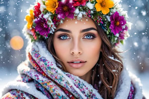 fae woman, extra large eyes, sitting in field of covered in snowflakes, clothed in multicolored flower petals, ultra-detailed, ultra-realistic, photo-realistic, snowflake bokeh, 