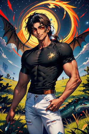 
Highly detailed.High Quality.Masterpiece. Beaitiful (médium long shot).

Young man of 25 years old, light brown skin, tall and with a great physique (muscular but not excessively so), with an appearance similar to that of Tohru (if he were a man). He has medium sized black hair (not too long nor too short) tied up in a ponytail (not that long but noticeable) most of the time, messy bangs with an orange gradient with red tips on her side strands. It has large, slightly slanted, orange-red eyes. He wears a completely black t-shirt (with some white dragon-shaped symbols), accompanied by long blue pants (jeans). He is alone, but with a happy smile on his face enjoying a beautiful full moon night in a green field (with some animals) far from civilization.