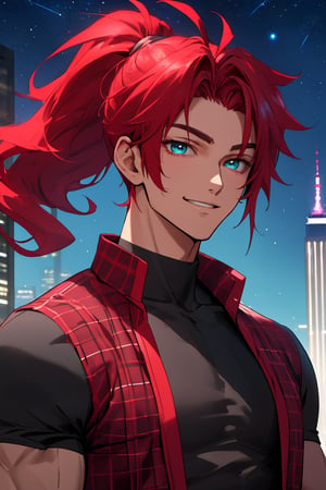 
Highly detailed.High Quality.Masterpiece. Beaitiful (close-up).

Young man of 25 years old, dark skin, tall and with a great physique (muscular). His hair is reddis-pink (redder), wavy, messy, short (very short), and a really small ponytail. It has big and turquoise color eyes. He has a red plaid jacket with some black details, red armbands, short Black t-shirt. He is alone, but with a slight smile on his face enjoying a beautiful starry sky (night) in Empire state. 