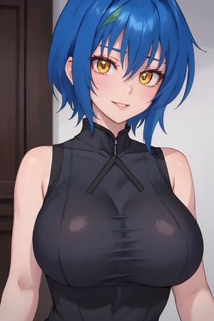 
Highly detailed.High Quality.Masterpiece. Beaitiful (close-up).

Young woman, 25 years old,tall, Similar to Xenovia, light skin and good physical condition. She has big chest. Her hair is bright blue, and short. She has big yellow eyes. She is wearing a blue sleeveless qipao shirt. She is alone but with a slight simile in her face,  in a dark room.