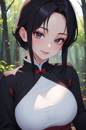 
Highly detailed.High Quality.Masterpiece. Beaitiful (mid close-up).

Young woman, 25 years old,tall, Similar to Chi-Chi, light skin and good physical condition. She has an really voluptous body, with giant chest. Her hair is black, and long. She has big Black eyes. She is wearing a blue long sleeve qipao with some red details. She is alone but with a slight simile in her face,  in a forest full of live.