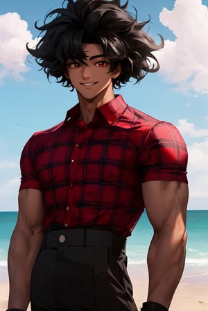 
Highly detailed.High Quality.Masterpiece. Beaitiful (mis close-up).

Young man of 20 years old, dark skin, tall and with a great physique (muscular). His hair is black, curly, messy and short (very short). He has large, bright red eyes. He has a red plaid shirt with some black details, white armbands and black pants. He is alone, but with a big happy and calm smile on his face enjoying a beautiful sky (it is daytime) on the beach.