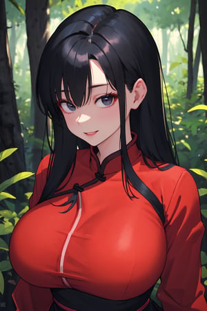 
Highly detailed.High Quality.Masterpiece. Beaitiful (mid close-up).

Young woman, 25 years old,tall, Similar to Chi-Chi, light skin and good physical condition. She has an really voluptous body, with giant chest. Her hair is black, and long. She has big Black eyes. She is wearing a blue long sleeve qipao with some red details. She is alone but with a slight simile in her face,  in a forest full of live.