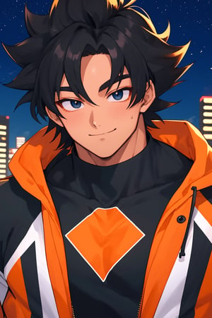 
Highly detailed.High Quality.Masterpiece. Beaitiful (close-up).

Young man of 25 years old, tanned skin, tall and with a great physique (really muscular). His hair is black, curly, messy and short (very short). He has large black eyes. His clothing consists of an dark blue sweatshirt with orange stripes and the kangi "Go". He is alone, but with a slight smile in a city full of stars. Similar to Goku.