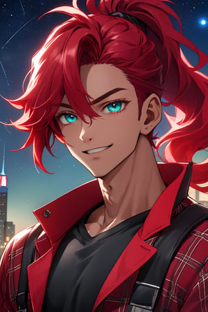 
Highly detailed.High Quality.Masterpiece. Beaitiful (close-up).

Young man of 25 years old, dark skin, tall and with a great physique (muscular). His hair is reddis-pink (redder), wavy, messy, short (very short), and a really small ponytail. It has big and turquoise color eyes. He has a red plaid jacket with some black details, red armbands, short Black t-shirt. He is alone, but with a slight smile on his face enjoying a beautiful starry sky (night) in Empire state. 