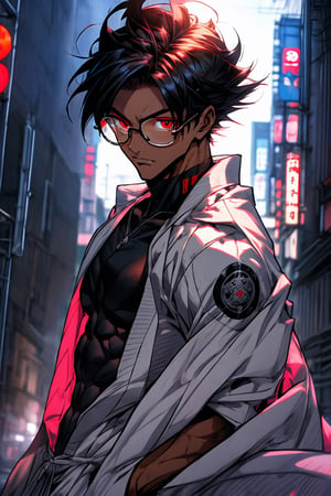
Attractive man (25 years), tall, muscular, dark skin, black and short hair, good physique (muscular), red eyes, wears glasses, with mostly black ando white clothing (like Trunks suit). (médium long shot). With a Tokyo city as a background, High resolution.
