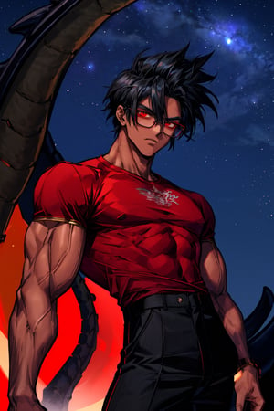 
Attractive man (25 years), tall, muscular, dark skin, black and short hair, good physique (muscular), red eyes, wears black glasses, with a red t-shirt (with some details on yellow or white) and black pants (médium long shot). With night sky and a red dragón as a background.
