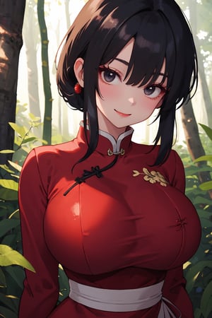 
Highly detailed.High Quality.Masterpiece. Beaitiful (mid close-up).

Young woman, 25 years old,tall, Similar to Chi-Chi, light skin and good physical condition. She has an really voluptous body, with giant chest. Her hair is black, and long. She has big Black eyes. She is wearing a blue and red long sleeve qipao. She is alone but with a slight simile in her face,  in a forest full of live.