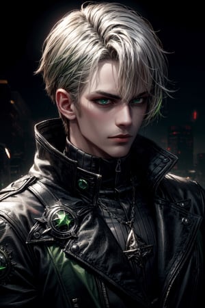 (masterpiece, best quality, extremely detailed, intricately detailed, volumetric lighting, absurdres, 8k, chiaroscuro lighting, 1_boy), portrait, grumpy, mature, biker style, dark hair, bar background, black_circles_under_eyes, ((bright green eyes)), emeralded silver jewelry, Germany Male, demonictech,malbonte,blade (honkai: star rail),masterpiece