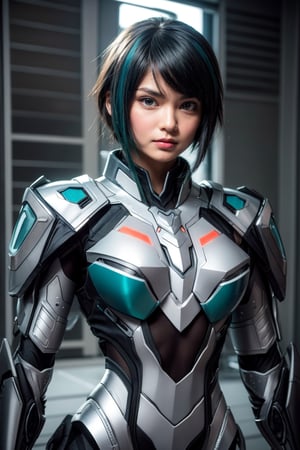 Create an image of a female character resembling an F-35 fighter jet in her signature high-tech armor. She has short, sleek hair in a deep blue color that mirrors the aircraft’s color scheme. Her eyes are a striking silver, reflecting determination and intelligence. The armor is streamlined and angular, featuring a blend of matte gray and glossy black surfaces, with accents of bright turquoise that highlight its cutting-edge design.

The chest area of the armor is form-fitting yet protective, emphasizing her athletic build. Her shoulders are broad with integrated technology, and the armor includes intricate patterns reminiscent of the F-35’s design, with glowing panel lights along the sides. She stands in a serious pose, with one arm crossed over her chest and the other resting at her side, exuding confidence and readiness for action. The background suggests a military hangar or an airfield, enhancing the aviation theme of the image.