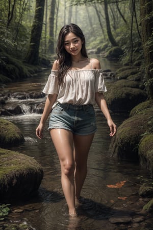 Create a serene and enchanting image of a cute Korean girl emerging from a stream in a lush forest. She has a youthful, delicate appearance with smooth, glowing skin and expressive, almond-shaped eyes. Her hair is dark, possibly long and slightly damp, with some strands clinging to her face and shoulders, adding a natural and ethereal touch to her look.

She is dressed in a light, flowing outfit that is perfect for a day spent in nature, such as a simple white dress or a loose blouse and shorts. The fabric of her clothes is slightly wet, clinging to her form, emphasizing the gentle curves of her body as she steps up from the stream onto the mossy, soft ground of the forest.

Her expression is soft and peaceful, with a slight, contented smile as she enjoys the tranquility of her surroundings. The setting should be a lush, green forest with tall trees, thick undergrowth, and the stream she is emerging from gently flowing behind her. The forest is bathed in soft, natural light, with dappled sunlight filtering through the leaves, casting a warm and inviting glow on the scene.

The focus should be on her as she walks up from the stream, with the water gently dripping from her legs and the wet fabric of her outfit. The background should blend seamlessly with the verdant forest, creating a calm and harmonious atmosphere, highlighting her connection to nature.