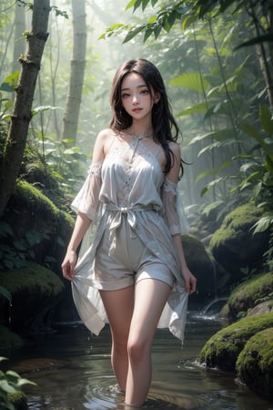 Create a serene and enchanting image of a cute Korean girl emerging from a stream in a lush forest. She has a youthful, delicate appearance with smooth, glowing skin and expressive, almond-shaped eyes. Her hair is dark, possibly long and slightly damp, with some strands clinging to her face and shoulders, adding a natural and ethereal touch to her look.

She is dressed in a light, flowing outfit that is perfect for a day spent in nature, such as a simple white dress or a loose blouse and shorts. The fabric of her clothes is slightly wet, clinging to her form, emphasizing the gentle curves of her body as she steps up from the stream onto the mossy, soft ground of the forest.

Her expression is soft and peaceful, with a slight, contented smile as she enjoys the tranquility of her surroundings. The setting should be a lush, green forest with tall trees, thick undergrowth, and the stream she is emerging from gently flowing behind her. The forest is bathed in soft, natural light, with dappled sunlight filtering through the leaves, casting a warm and inviting glow on the scene.

The focus should be on her as she walks up from the stream, with the water gently dripping from her legs and the wet fabric of her outfit. The background should blend seamlessly with the verdant forest, creating a calm and harmonious atmosphere, highlighting her connection to nature.