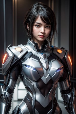 Create an image of a stunning Korean cyborg girl in a calm pose, standing in a futuristic laboratory. She has flawless, porcelain-like skin with subtle metallic accents, and her long, silky black hair falls elegantly over her shoulders. Her eyes are a vibrant, glowing blue, with intricate cybernetic details around her pupils, hinting at her advanced enhancements. 

She wears her signature outfit—a sleek, form-fitting bodysuit made of a blend of soft fabric and metallic components. The suit is primarily white with silver and light blue accents, featuring glowing circuits that trace along her arms and torso. Her left arm is fully cybernetic, crafted from polished metal, but designed to look elegant and graceful, seamlessly integrated with her human form. 

Her pose is calm, with her hands lightly clasped in front of her, exuding a sense of quiet confidence and control. In the background, the high-tech laboratory is filled with glowing screens, advanced machinery, and holographic displays, emphasizing her connection to the world of science and technology.