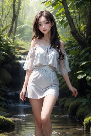 Create a serene and enchanting image of a cute Korean girl emerging from a stream in a lush forest. She has a youthful, delicate appearance with smooth, glowing skin and expressive, almond-shaped eyes. Her hair is dark, possibly long and slightly damp, with some strands clinging to her face and shoulders, adding a natural and ethereal touch to her look.

She is dressed in a light, flowing outfit that is perfect for a day spent in nature, such as a simple white dress or a loose blouse and shorts. The fabric of her clothes is slightly wet, clinging to her form, emphasizing the gentle curves of her body as she steps up from the stream onto the mossy, soft ground of the forest.

Her expression is soft and peaceful, with a slight, contented smile as she enjoys the tranquility of her surroundings. The setting should be a lush, green forest with tall trees, thick undergrowth, and the stream she is emerging from gently flowing behind her. The forest is bathed in soft, natural light, with dappled sunlight filtering through the leaves, casting a warm and inviting glow on the scene.

The focus should be on her as she walks up from the stream, with the water gently dripping from her legs and the wet fabric of her outfit. The background should blend seamlessly with the verdant forest, creating a calm and harmonious atmosphere, highlighting her connection to nature.