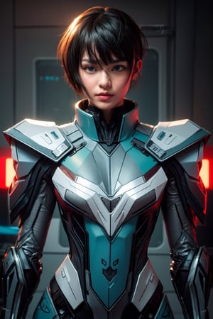 Create an image of a female character resembling an F-35 fighter jet in her signature high-tech armor. She has short, sleek hair in a deep blue color that mirrors the aircraft’s color scheme. Her eyes are a striking silver, reflecting determination and intelligence. The armor is streamlined and angular, featuring a blend of matte gray and glossy black surfaces, with accents of bright turquoise that highlight its cutting-edge design.

The chest area of the armor is form-fitting yet protective, emphasizing her athletic build. Her shoulders are broad with integrated technology, and the armor includes intricate patterns reminiscent of the F-35’s design, with glowing panel lights along the sides. She stands in a serious pose, with one arm crossed over her chest and the other resting at her side, exuding confidence and readiness for action. The background suggests a military hangar or an airfield, enhancing the aviation theme of the image.