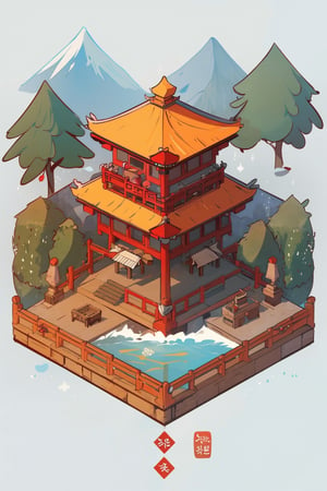 pagoda, mountains, garden, architecture, isometric, water, chinese, ancient, trees, japanese, korean, isometric