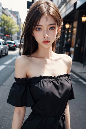 girl, black off shoulder dress