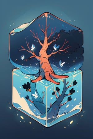tree in water cube, isometric, dark blue gradient background,firefliesfireflies
