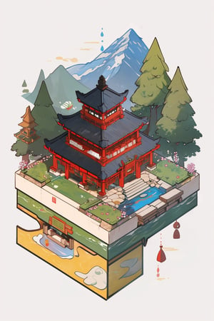 pagoda, garden, architecture, isometric, water, mountains, chinese, ancient, trees, isometric