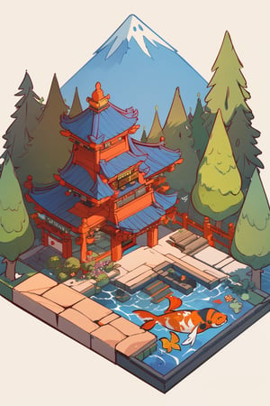 pagoda, mountains, garden, pond, koi, architecture, isometric, water, ancient, trees, isometric