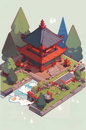 pagoda, garden, architecture, isometric, water, mountains, chinese, ancient, trees