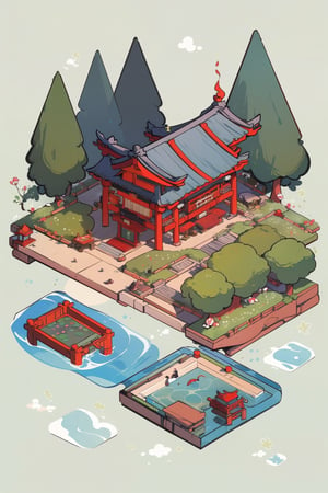 pagoda, garden, architecture, isometric, water, chinese, ancient, trees, japanese, korean, isometric