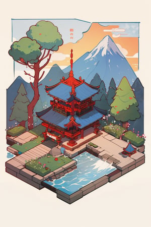 pagoda, garden, architecture, isometric, water, mountains, chinese, ancient, trees, isometric