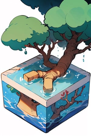 tree in water, isometric, white background