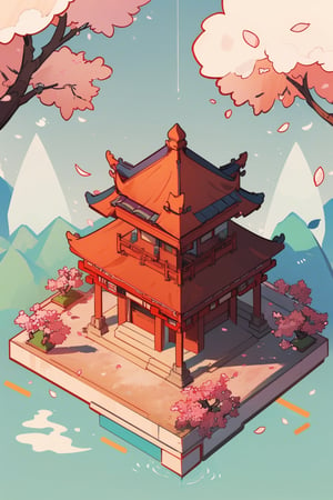 pagoda, garden, architecture, isometric, water, cherry blossoms, mountains, chinese, ancient, trees