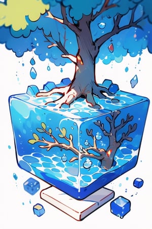 tree in water cube, isometric, white background