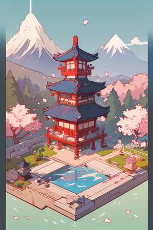 pagoda, garden, architecture, isometric, water, cherry blossoms, mountains, chinese, ancient, trees