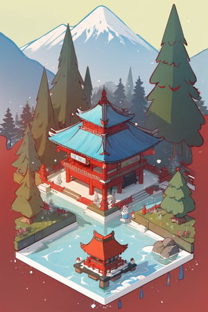 snow on pagoda, garden, architecture, isometric, winter, mountains, water, chinese, ancient, trees