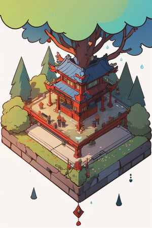 pagoda with a garden in the mountains, architecture, isometric, water, ancient, trees, isometric