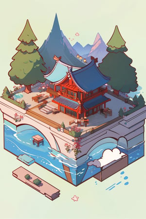 pagoda, mountains, garden, spring, architecture, isometric, water, ancient, trees, isometric