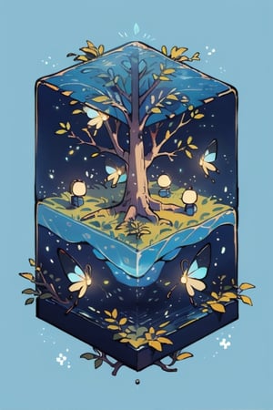 leafy tree in water cube, isometric, blue glowing background, firefliesfireflies