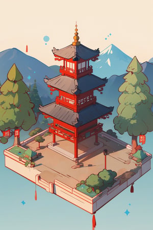 pagoda, garden, architecture, isometric, water, mountains, chinese, ancient, trees