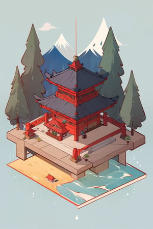 pagoda, garden, architecture, isometric, water, mountains, chinese, ancient, trees