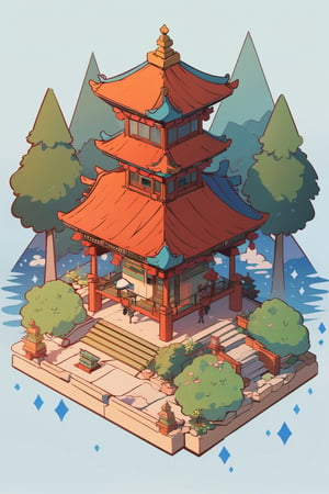 pagoda, mountains, garden, architecture, isometric, water, ancient, trees, isometric