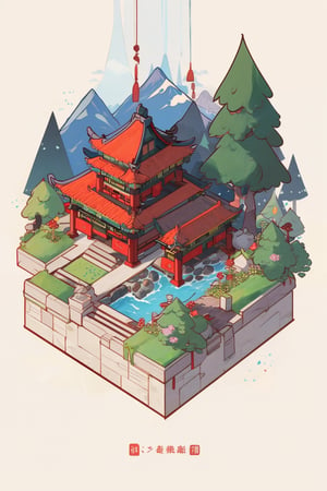 pagoda, garden, architecture, isometric, water, mountains, chinese, ancient, trees, isometric